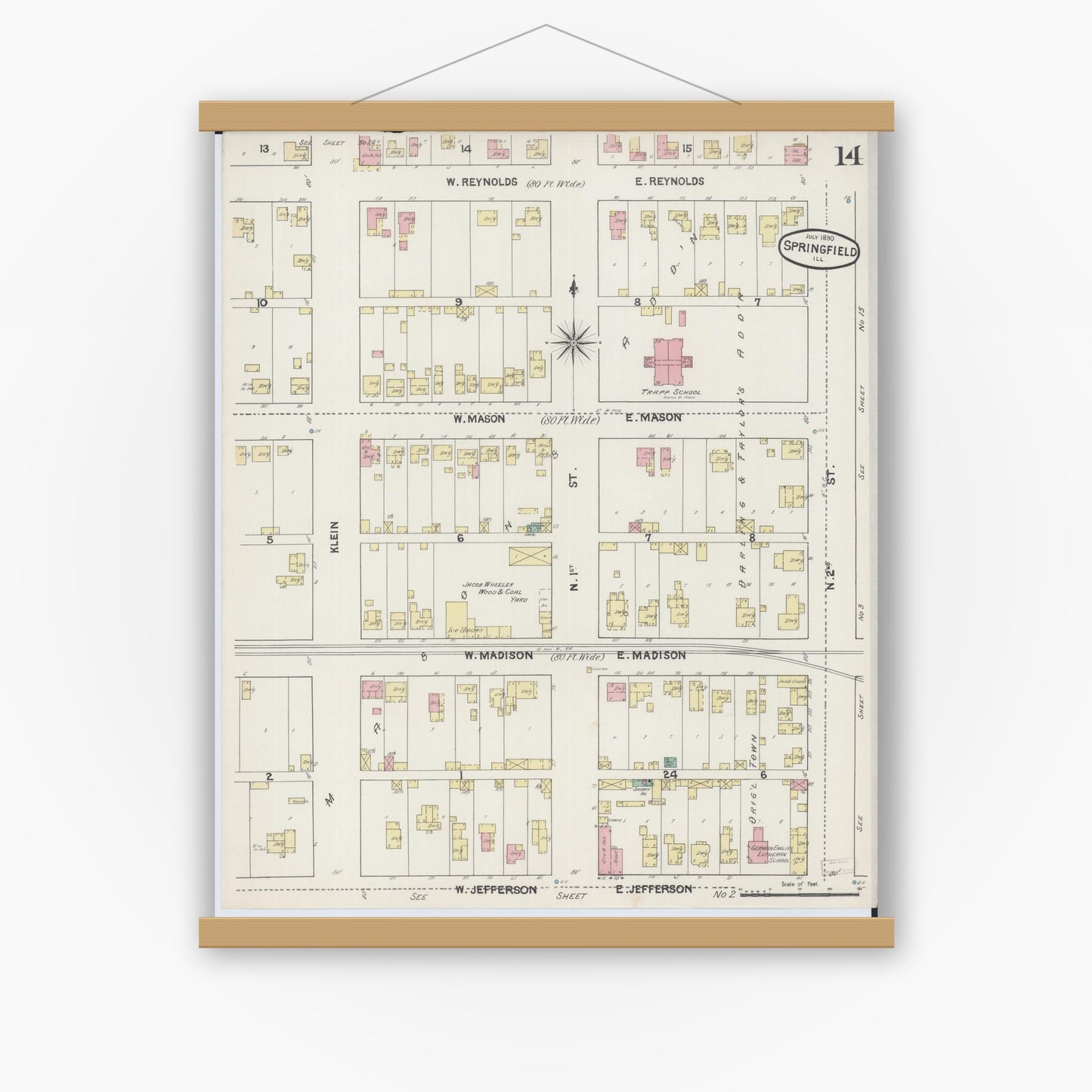 Old map wall art mockup — magnetic wood frame on white wall — Sanborn Fire Insurance Map from Springfield, Sangamon County, Illinois (1890), Sheet #0014
