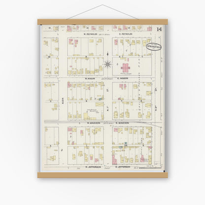 Old map wall art mockup — magnetic wood frame on white wall — Sanborn Fire Insurance Map from Springfield, Sangamon County, Illinois (1890), Sheet #0014