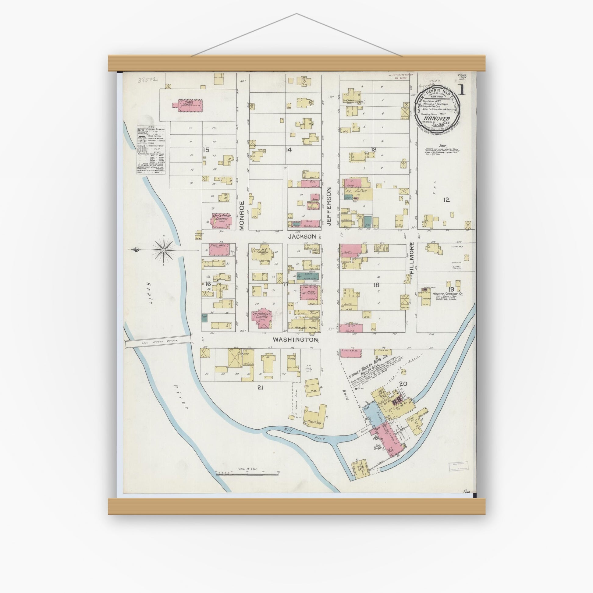 Old map wall art mockup — magnetic wood frame on white wall — Sanborn Fire Insurance Map from Hanover, Jo Daviess County, Illinois (1893) - Complete Map Set