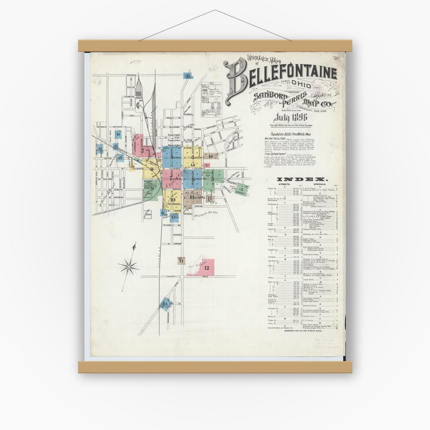 Old map wall art mockup — magnetic wood frame on white wall — Sanborn Fire Insurance Map from Bellefontaine, Logan County, Ohio (1896) - Complete Map Set