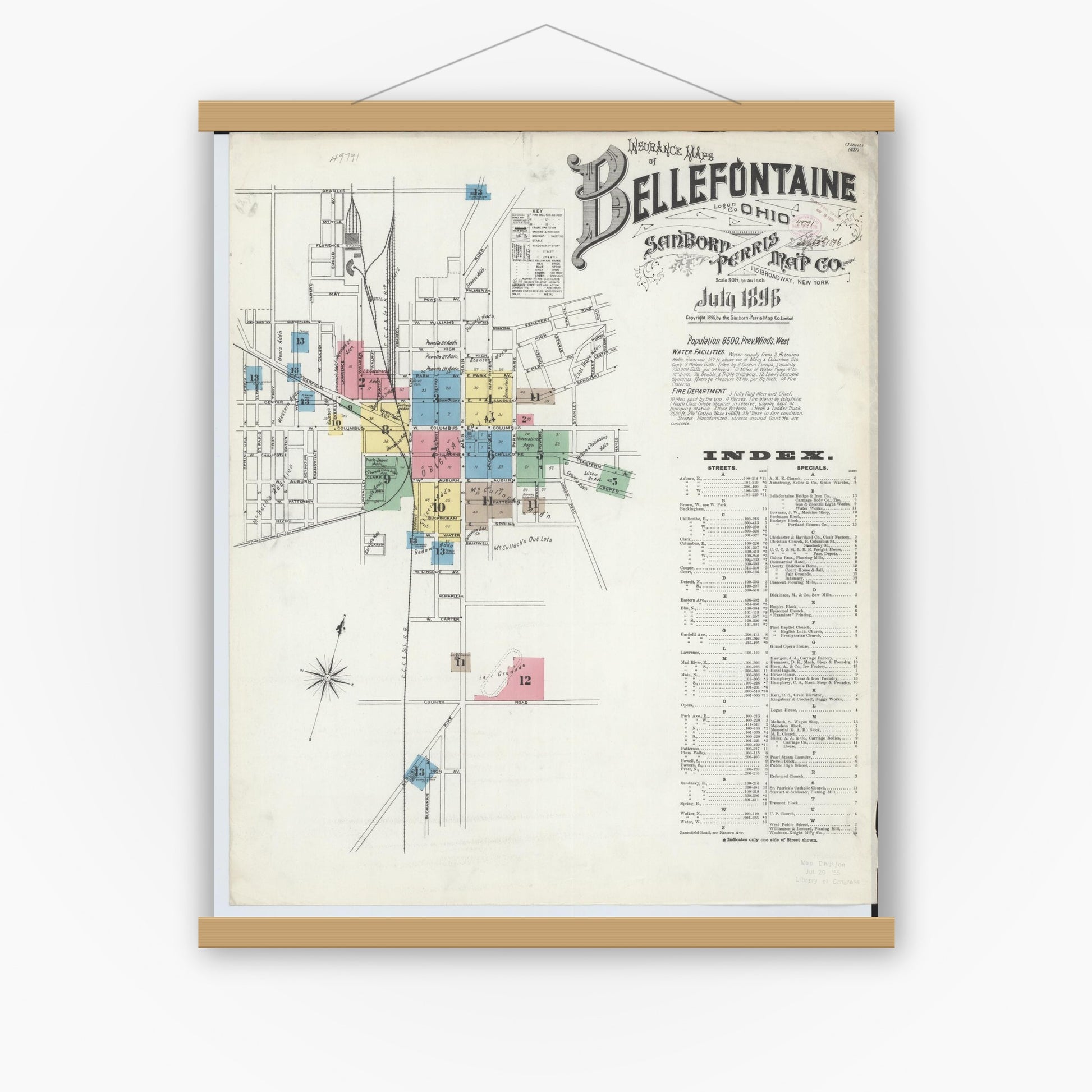 Old map wall art mockup — magnetic wood frame on white wall — Sanborn Fire Insurance Map from Bellefontaine, Logan County, Ohio (1896) - Complete Map Set