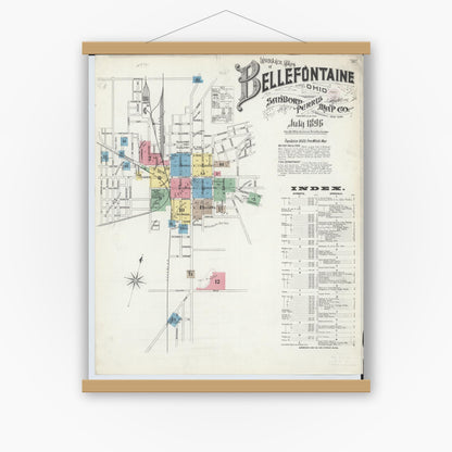 Old map wall art mockup — magnetic wood frame on white wall — Sanborn Fire Insurance Map from Bellefontaine, Logan County, Ohio (1896) - Complete Map Set
