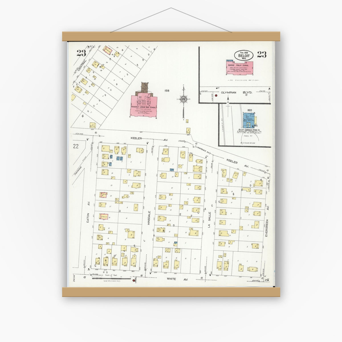Old map wall art mockup — magnetic wood frame on white wall — Sanborn Fire Insurance Map from Beloit, Rock County, Wisconsin (1926), Sheet #0023