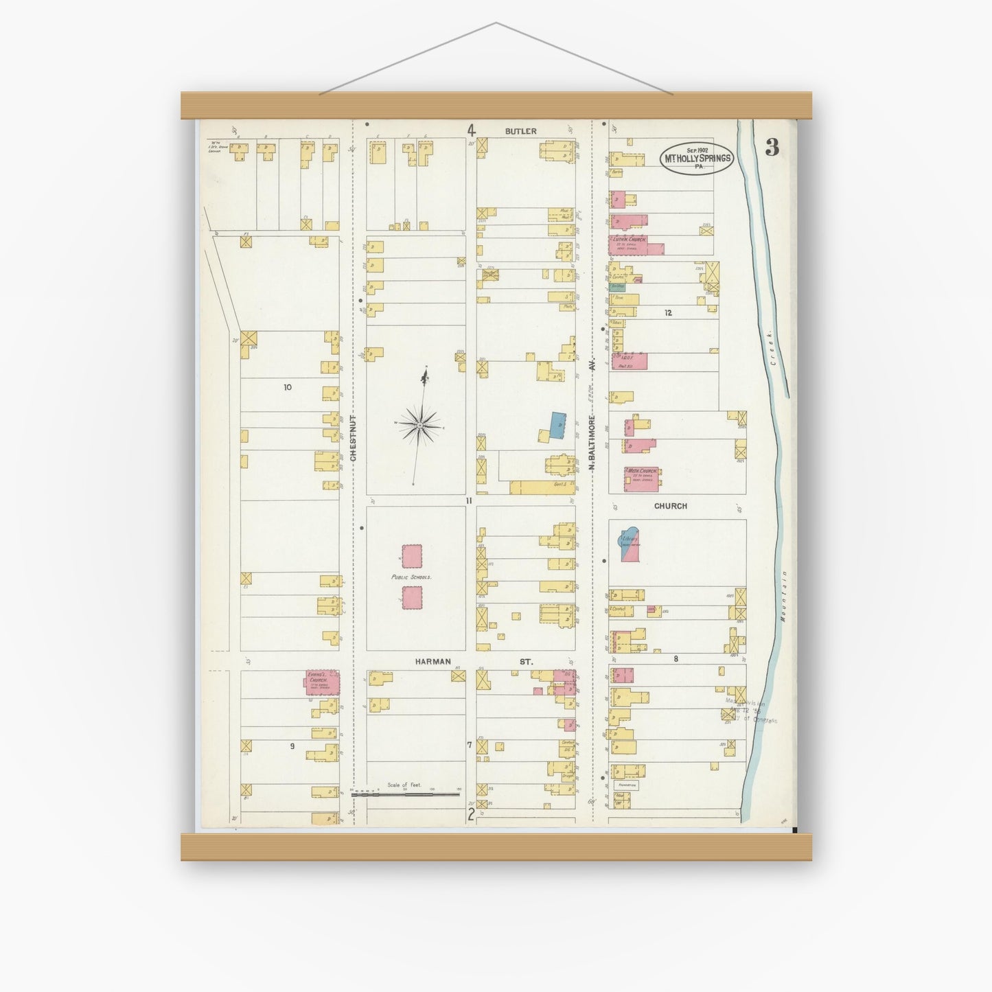 Old map wall art mockup — magnetic wood frame on white wall — Sanborn Fire Insurance Map from Mount Holly Springs, Cumberland County, Pennsylvania (1902), Sheet #0003
