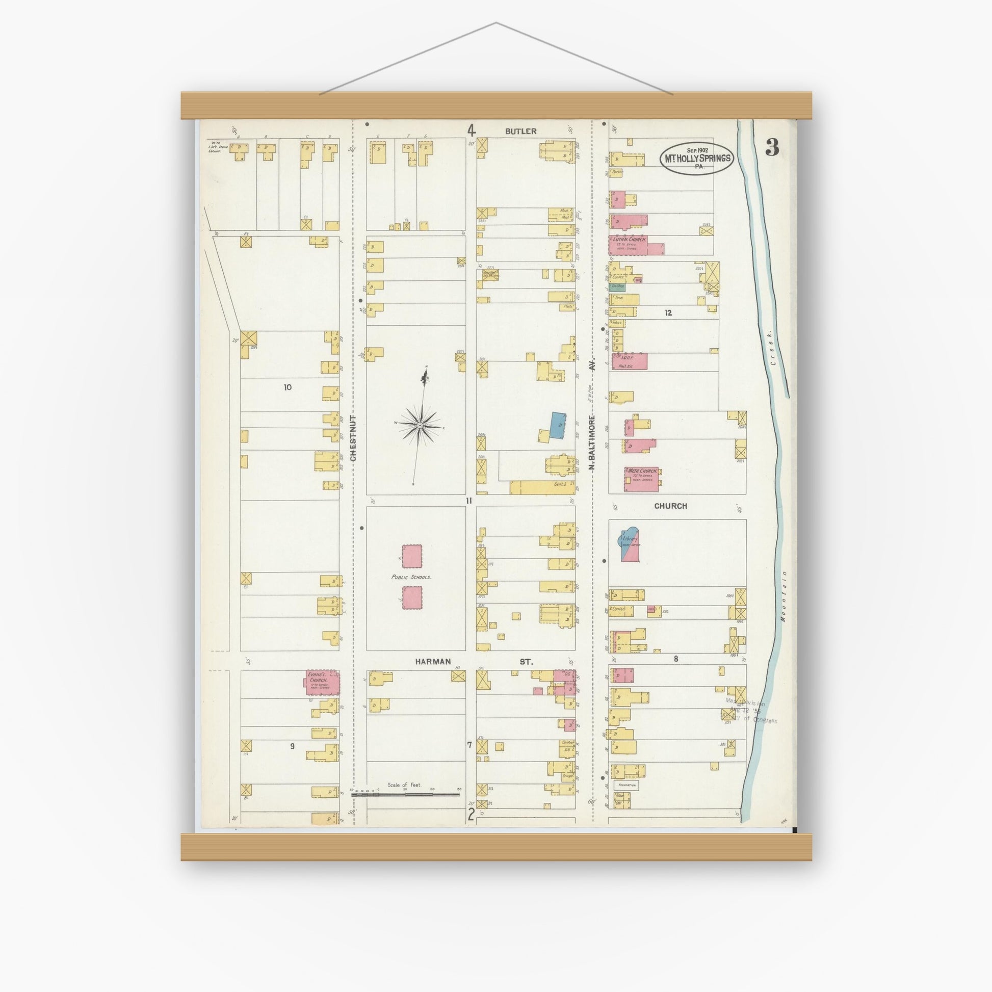 Old map wall art mockup — magnetic wood frame on white wall — Sanborn Fire Insurance Map from Mount Holly Springs, Cumberland County, Pennsylvania (1902), Sheet #0003