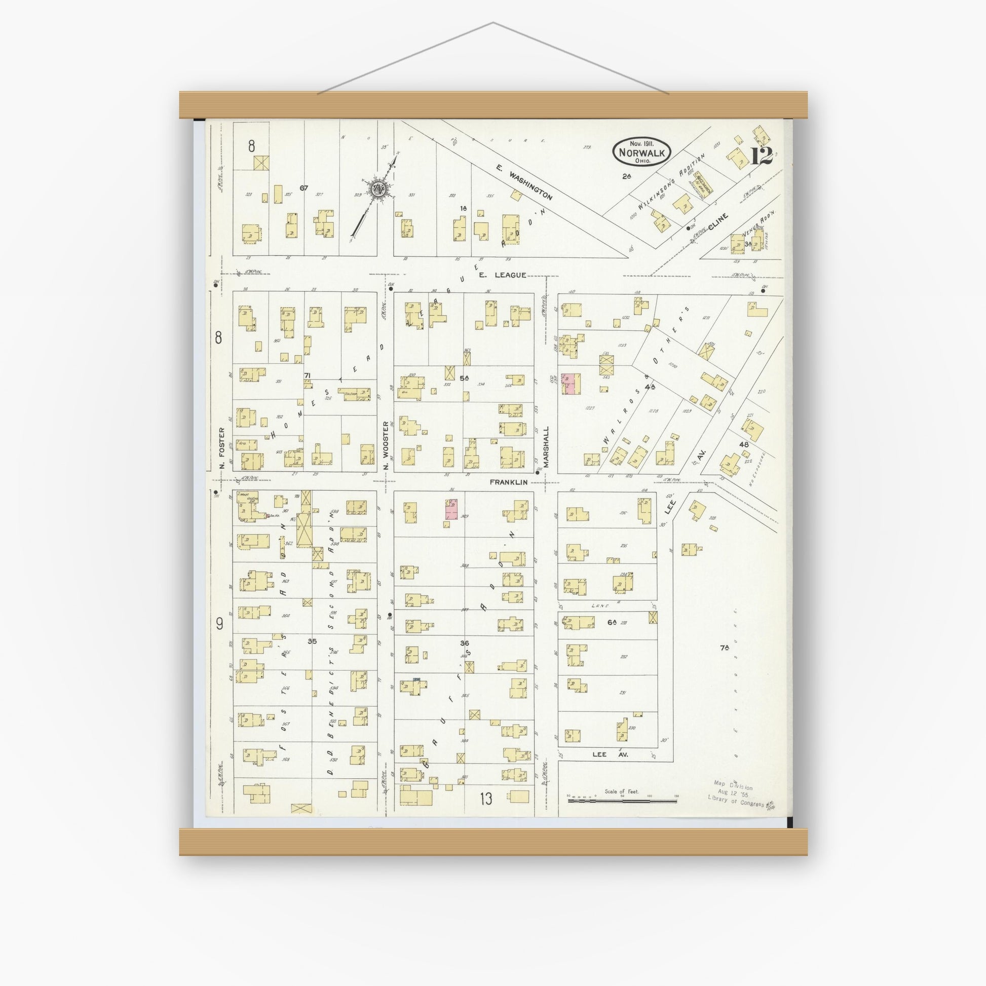 Old map wall art mockup — magnetic wood frame on white wall — Sanborn Fire Insurance Map from Norwalk, Huron County, Ohio (1911), Sheet #0012