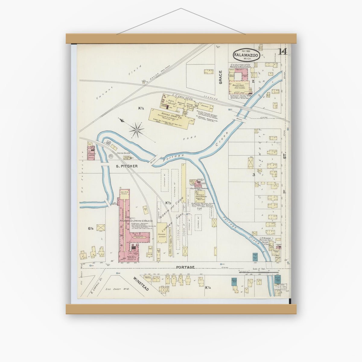 Old map wall art mockup — magnetic wood frame on white wall — Sanborn Fire Insurance Map from Kalamazoo, Kalamazoo County, Michigan (1891), Sheet #0014