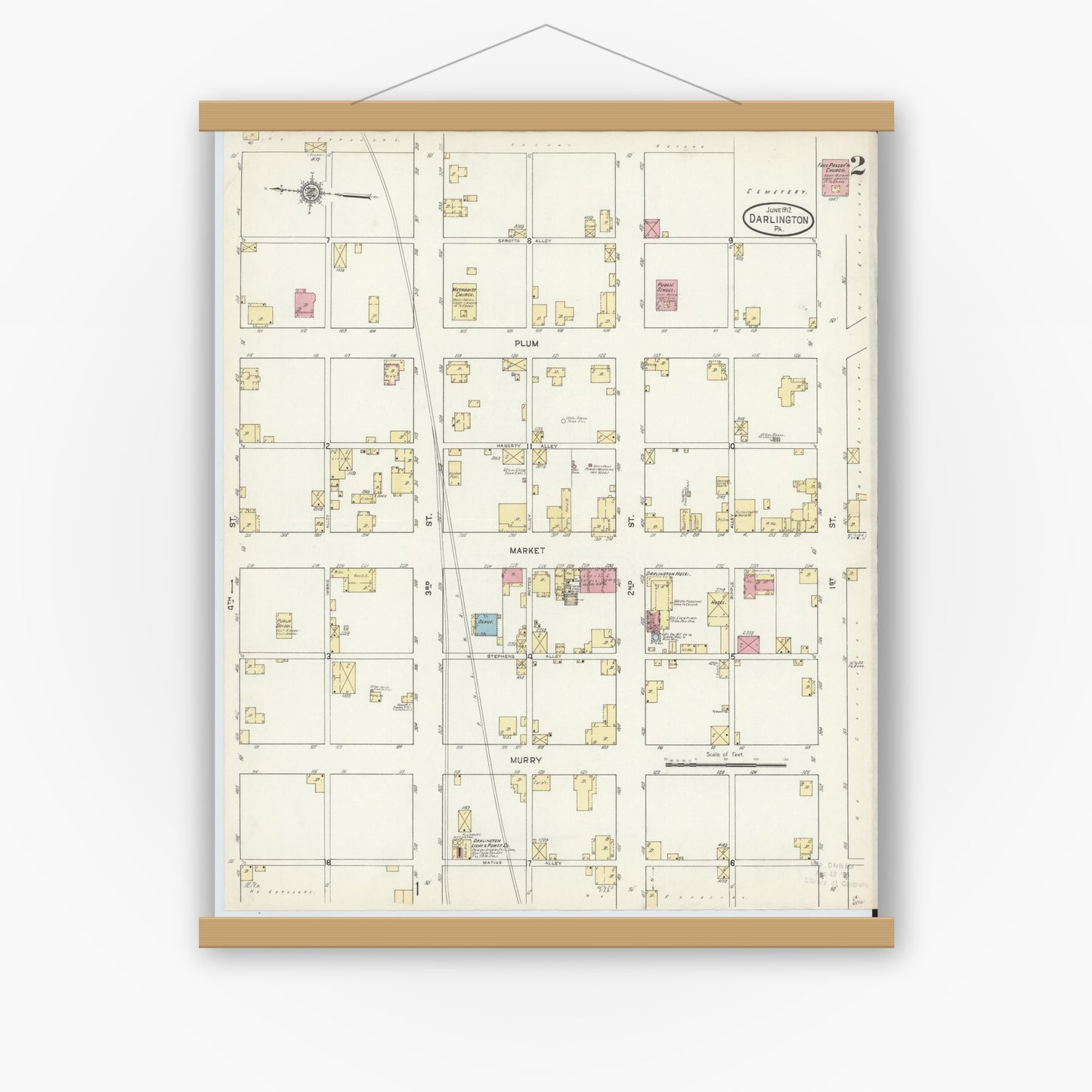 Old map wall art mockup — magnetic wood frame on white wall — Sanborn Fire Insurance Map from Darlington, Beaver County, Pennsylvania (1912), Sheet #0002