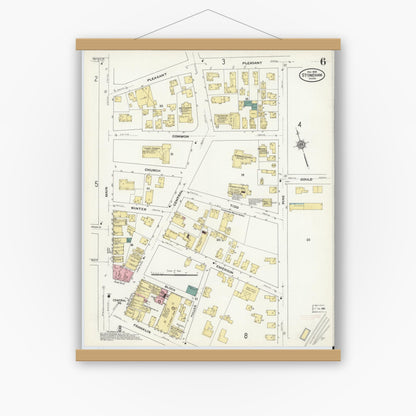 Old map wall art mockup — magnetic wood frame on white wall — Sanborn Fire Insurance Map from Stoneham, Middlesex County, Massachusetts (1909), Sheet #0006