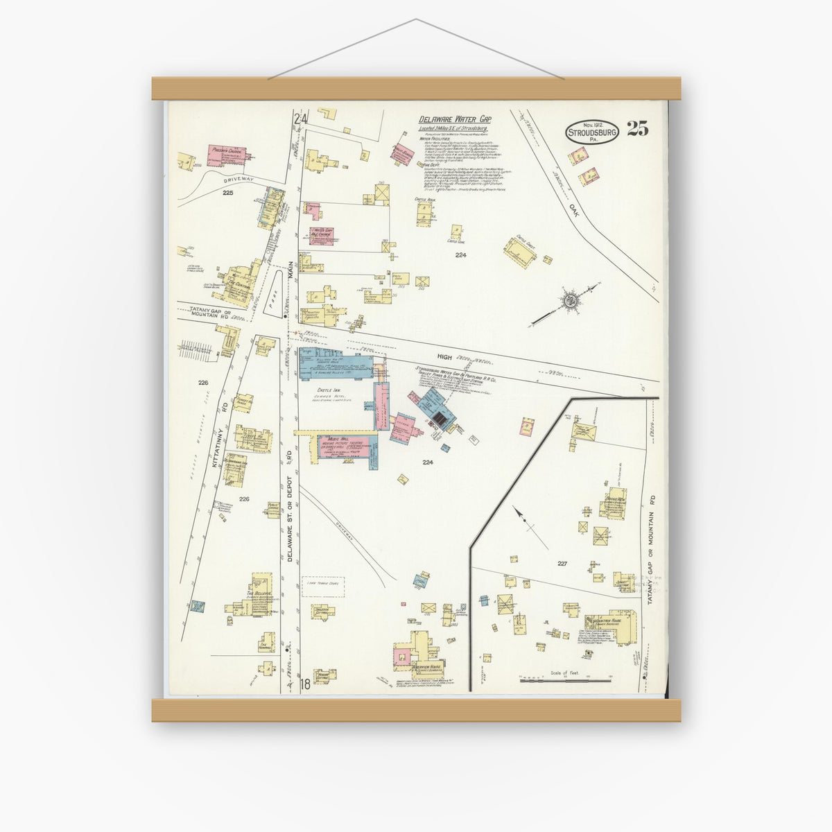 Old map wall art mockup — magnetic wood frame on white wall — Sanborn Fire Insurance Map from Stroudsburg, Monroe County, Pennsylvania (1912), Sheet #0025