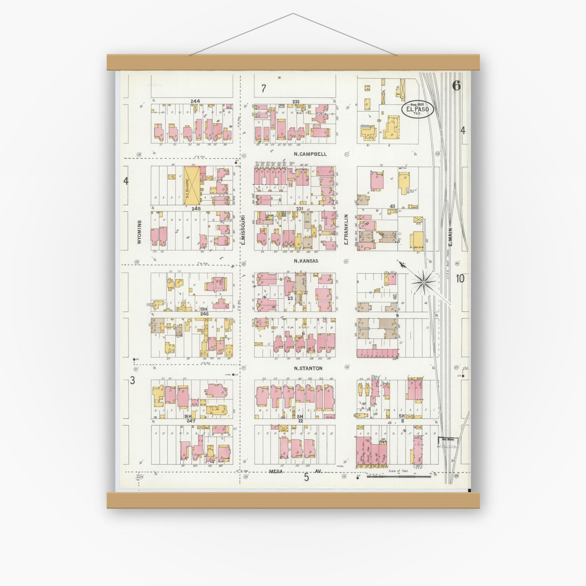 Old map wall art mockup — magnetic wood frame on white wall — Sanborn Fire Insurance Map from El Paso, El Paso County, Texas (1900), Sheet #0006