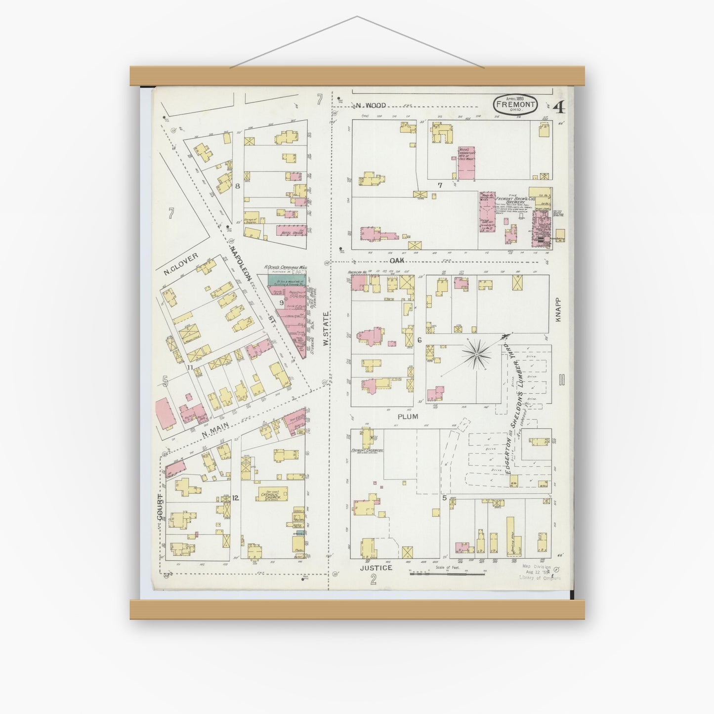 Old map wall art mockup — magnetic wood frame on white wall — Sanborn Fire Insurance Map from Fremont, Sandusky County, Ohio (1893), Sheet #0004