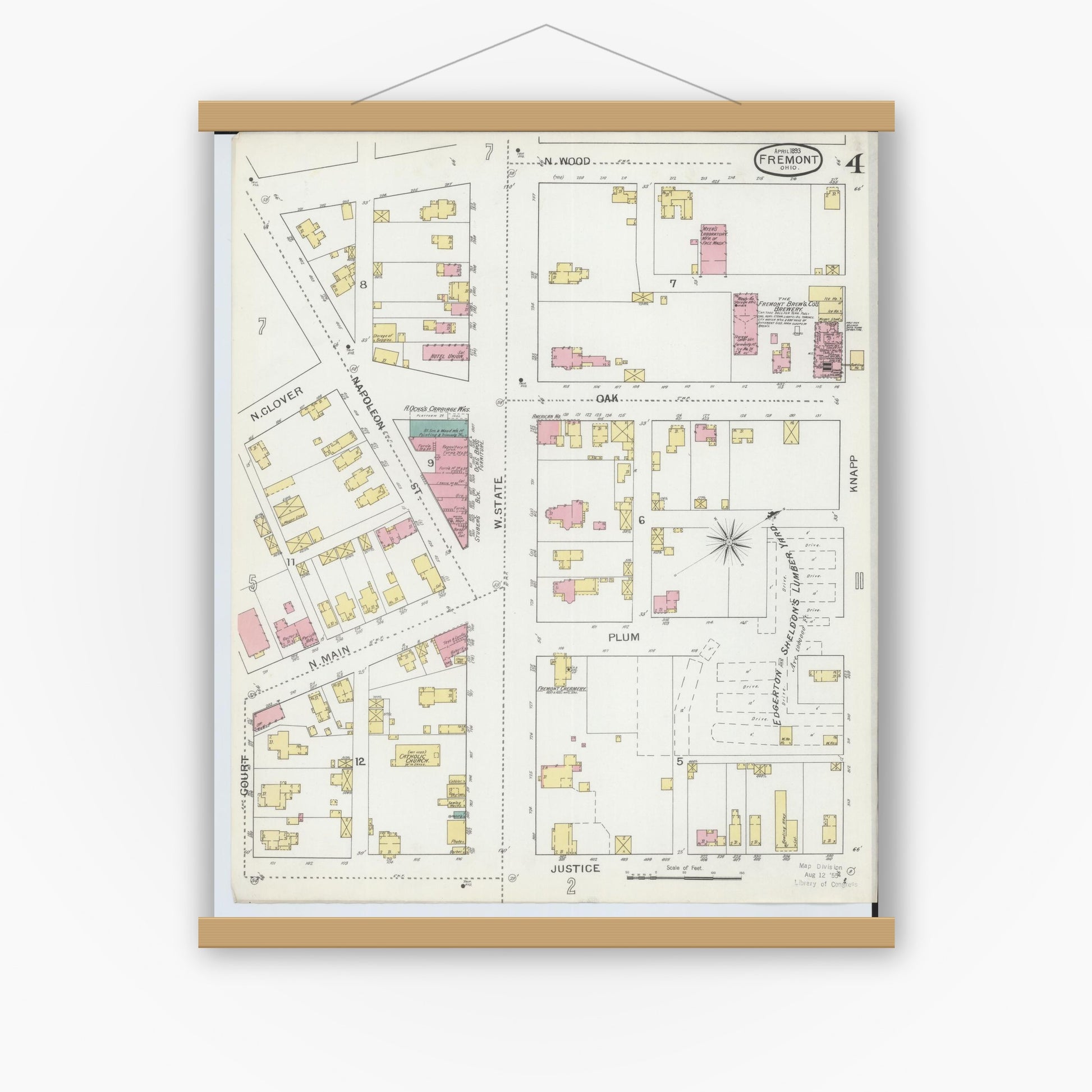 Old map wall art mockup — magnetic wood frame on white wall — Sanborn Fire Insurance Map from Fremont, Sandusky County, Ohio (1893), Sheet #0004