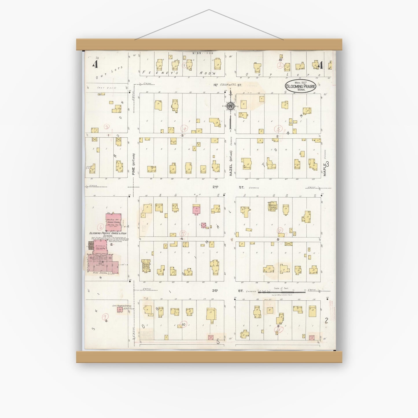 Old map wall art mockup — magnetic wood frame on white wall — Sanborn Fire Insurance Map from Blooming Prairie, Steele County, Minnesota (1937), Sheet #0004