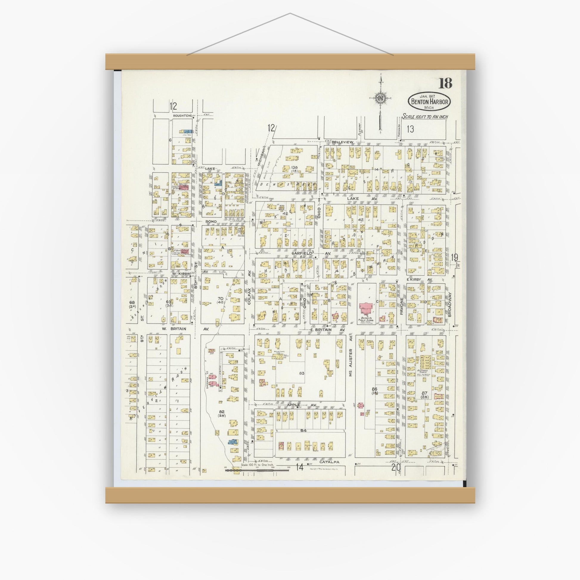 Old map wall art mockup — magnetic wood frame on white wall — Sanborn Fire Insurance Map from Benton Harbor, Berrien County, Michigan (1917), Sheet #0018
