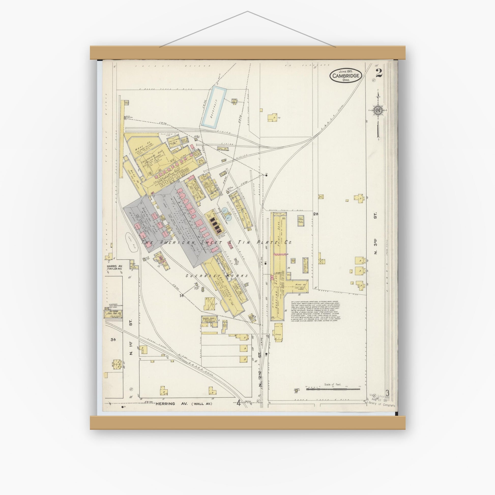Old map wall art mockup — magnetic wood frame on white wall — Sanborn Fire Insurance Map from Cambridge, Guernsey County, Ohio (1915), Sheet #0002