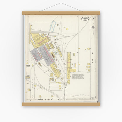 Old map wall art mockup — magnetic wood frame on white wall — Sanborn Fire Insurance Map from Cambridge, Guernsey County, Ohio (1915), Sheet #0002