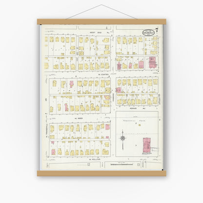 Old map wall art mockup — magnetic wood frame on white wall — Sanborn Fire Insurance Map from Moberly, Randolph County, Missouri (1916), Sheet #0007