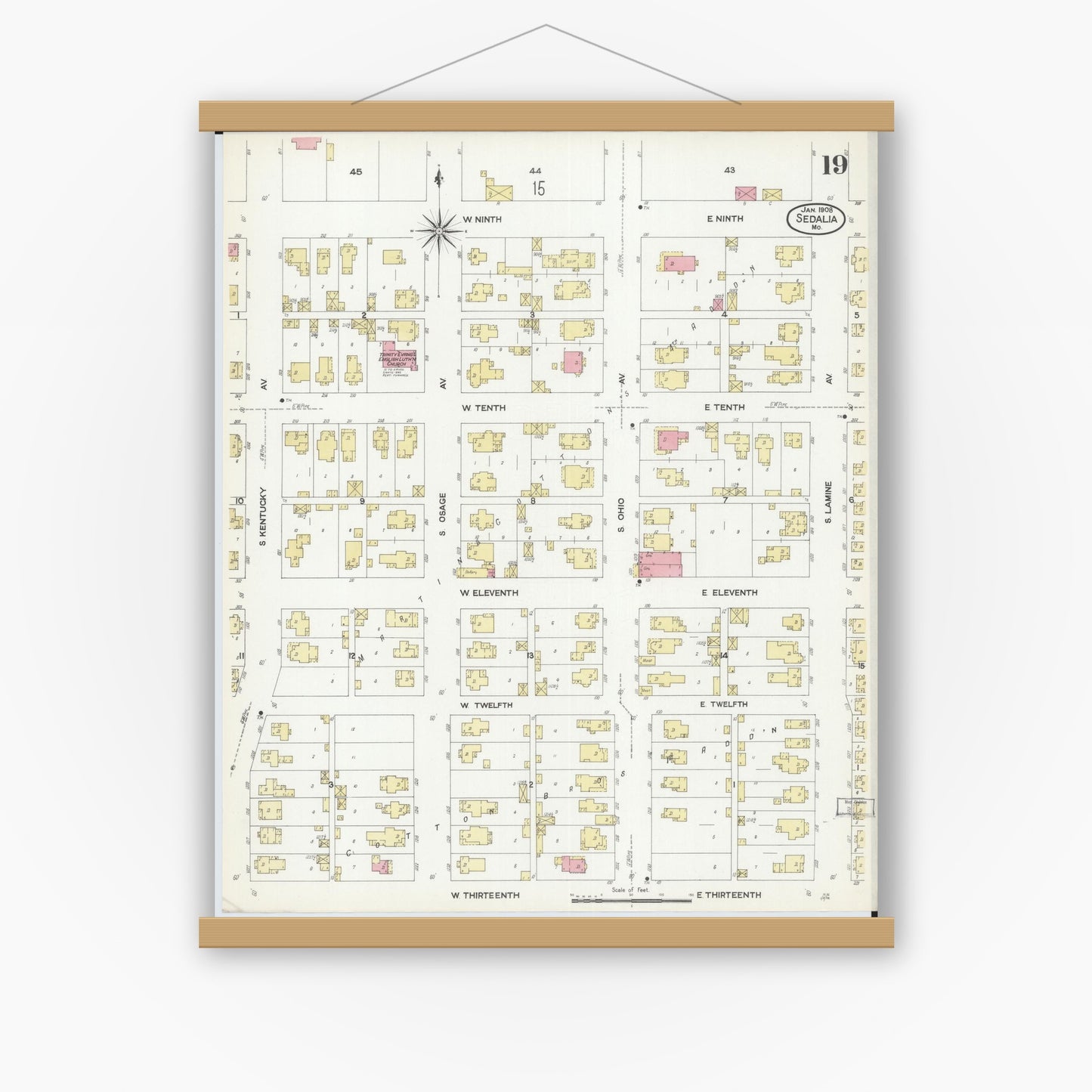 Old map wall art mockup — magnetic wood frame on white wall — Sanborn Fire Insurance Map from Sedalia, Pettis County, Missouri (1908), Sheet #0019
