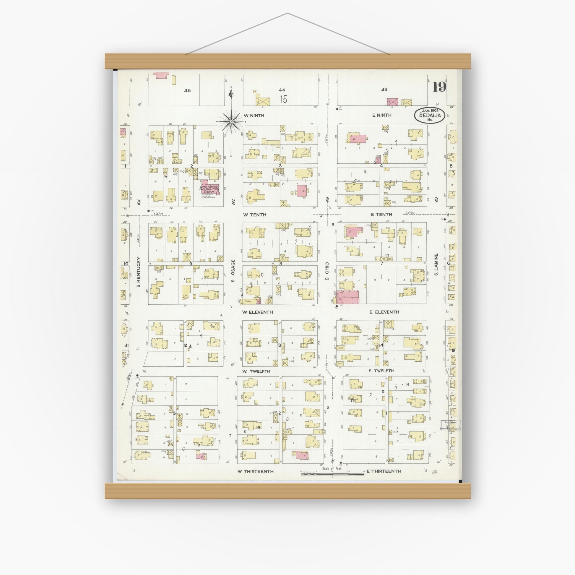Old map wall art mockup — magnetic wood frame on white wall — Sanborn Fire Insurance Map from Sedalia, Pettis County, Missouri (1908), Sheet #0019