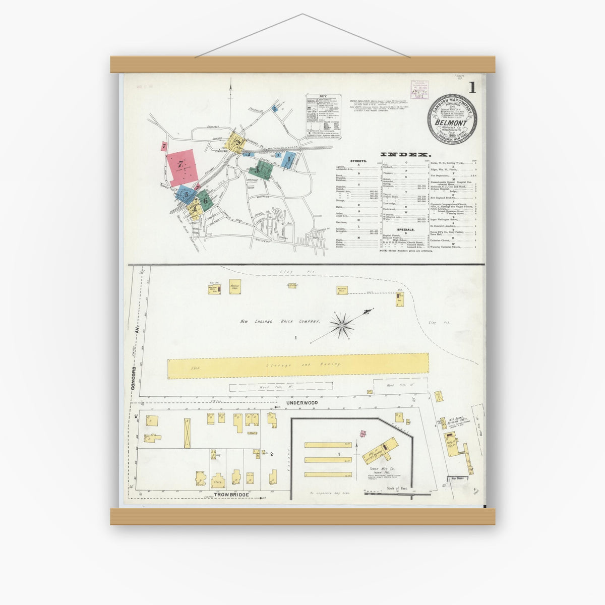Old map wall art mockup — magnetic wood frame on white wall — Sanborn Fire Insurance Map from Belmont, Middlesex County, Massachusetts (1905), Sheet #0001
