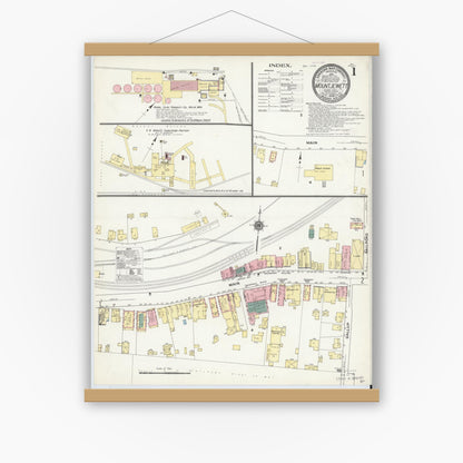 Old map wall art mockup — magnetic wood frame on white wall — Sanborn Fire Insurance Map from Mount Jewett, McKean County, Pennsylvania (1909) - Complete Map Set