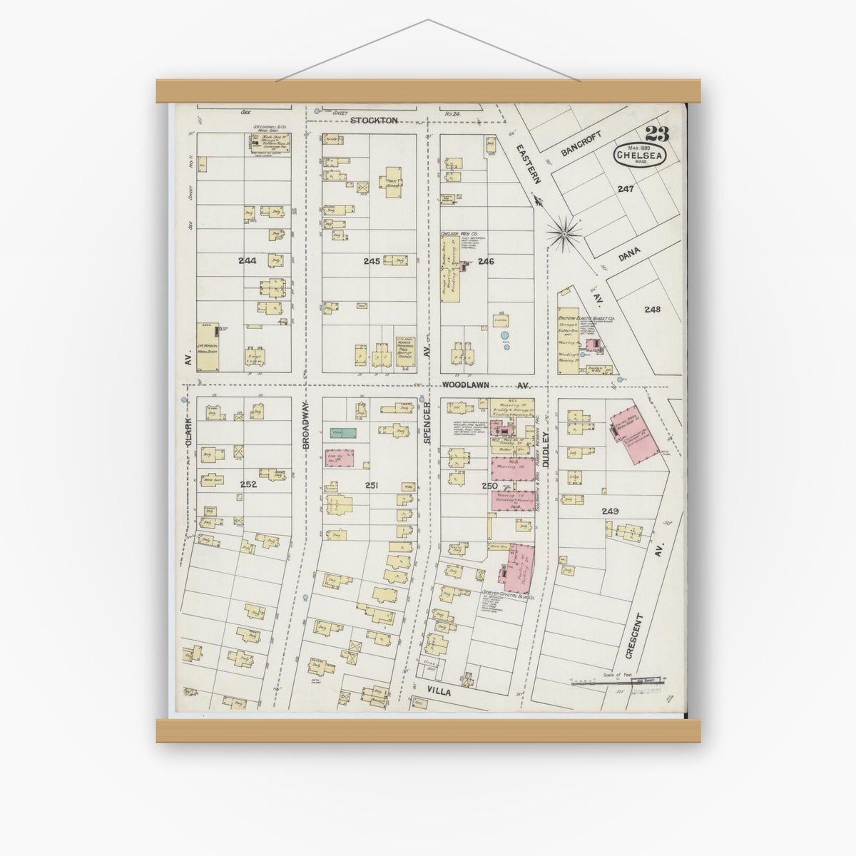Old map wall art mockup — magnetic wood frame on white wall — Sanborn Fire Insurance Map from Chelsea, Suffolk County, Massachusetts (1889), Sheet #0023
