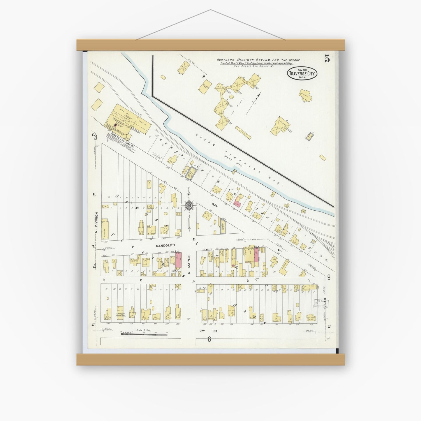 Old map wall art mockup — magnetic wood frame on white wall — Sanborn Fire Insurance Map from Traverse City, Grand Traverse County, Michigan (1910), Sheet #0005