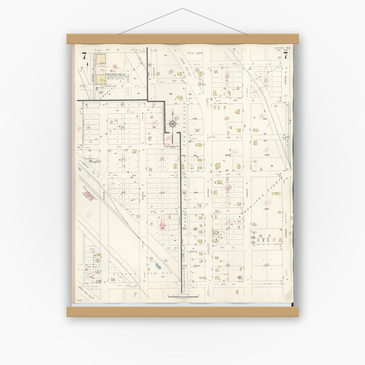 Old map wall art mockup — magnetic wood frame on white wall — Sanborn Fire Insurance Map from Snyder, Scurry County, Texas (1942), Sheet #0007