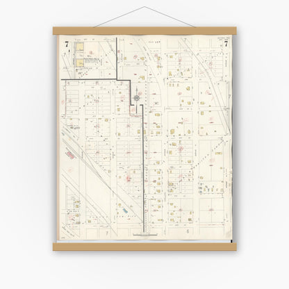 Old map wall art mockup — magnetic wood frame on white wall — Sanborn Fire Insurance Map from Snyder, Scurry County, Texas (1942), Sheet #0007