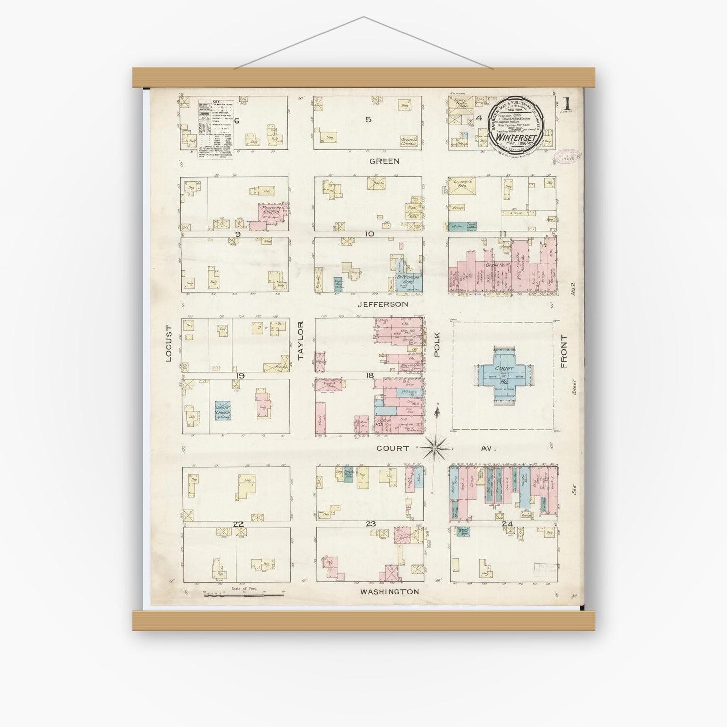 Old map wall art mockup — magnetic wood frame on white wall — Sanborn Fire Insurance Map from Winterset, Madison County, Iowa (1886), Sheet #0001