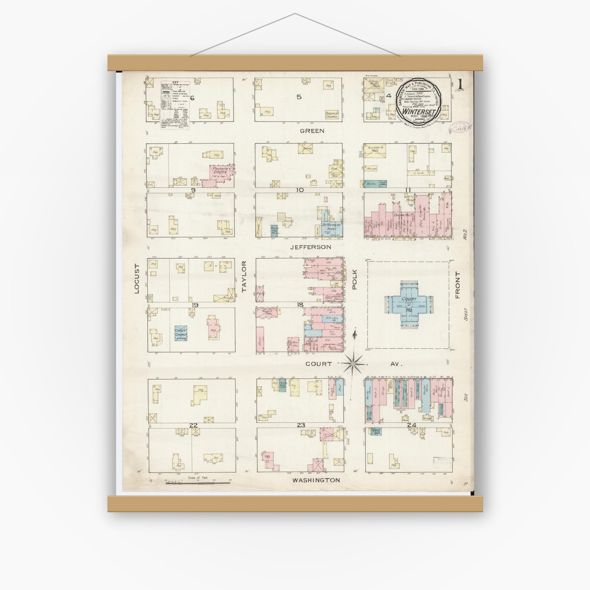 Old map wall art mockup — magnetic wood frame on white wall — Sanborn Fire Insurance Map from Winterset, Madison County, Iowa (1886), Sheet #0001