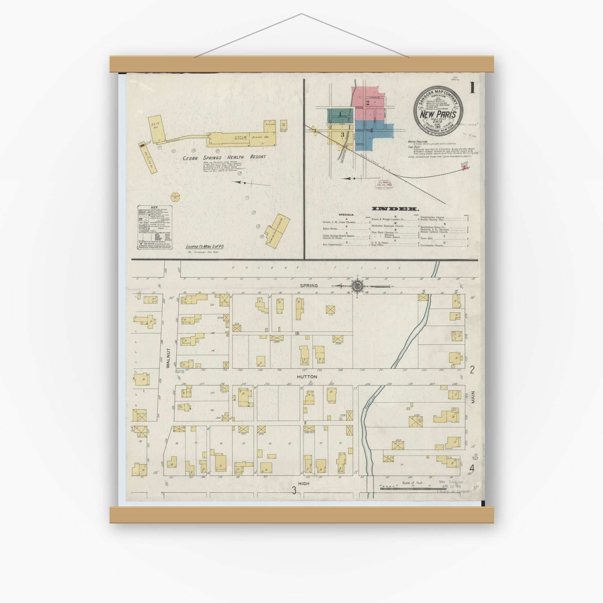 Old map wall art mockup — magnetic wood frame on white wall — Sanborn Fire Insurance Map from New Paris, Preble County, Ohio (1911) - Complete Map Set