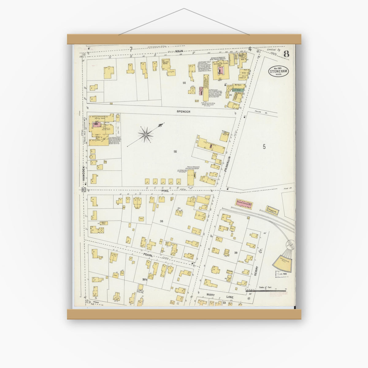 Old map wall art mockup — magnetic wood frame on white wall — Sanborn Fire Insurance Map from Stoneham, Middlesex County, Massachusetts (1903), Sheet #0008