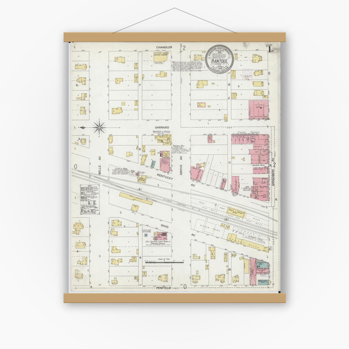 Old map wall art mockup — magnetic wood frame on white wall — Sanborn Fire Insurance Map from Rantoul, Champaign County, Illinois (1902), Sheet #0001