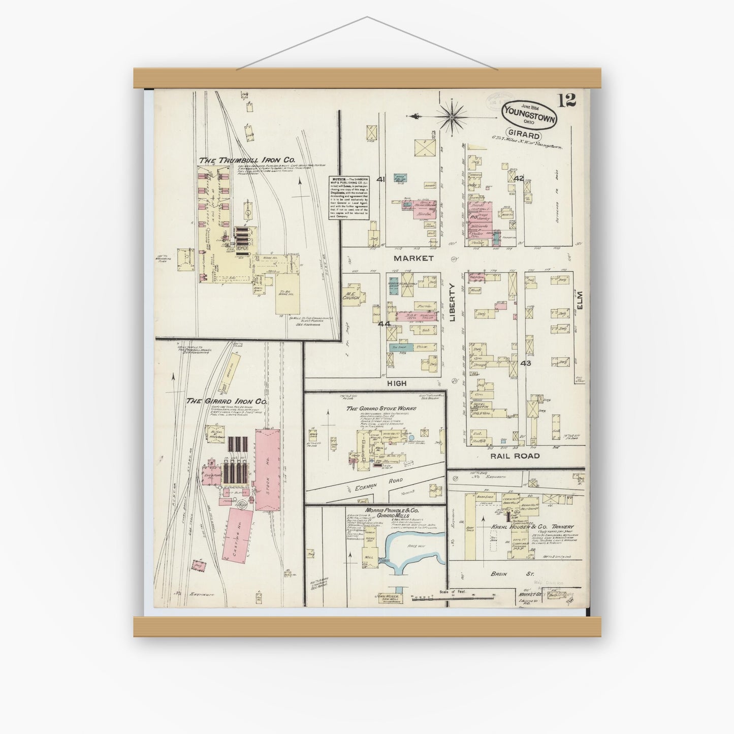 Old map wall art mockup — magnetic wood frame on white wall — Sanborn Fire Insurance Map from Youngstown, Mahoning County, Ohio (1884), Sheet #0012
