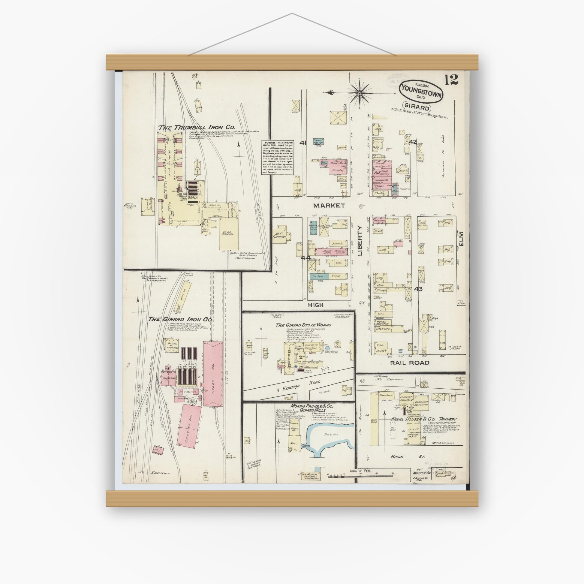 Old map wall art mockup — magnetic wood frame on white wall — Sanborn Fire Insurance Map from Youngstown, Mahoning County, Ohio (1884), Sheet #0012