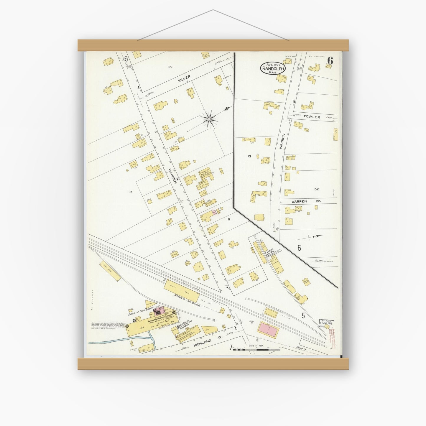 Old map wall art mockup — magnetic wood frame on white wall — Sanborn Fire Insurance Map from Randolph, Norfolk County, Massachusetts (1909), Sheet #0006