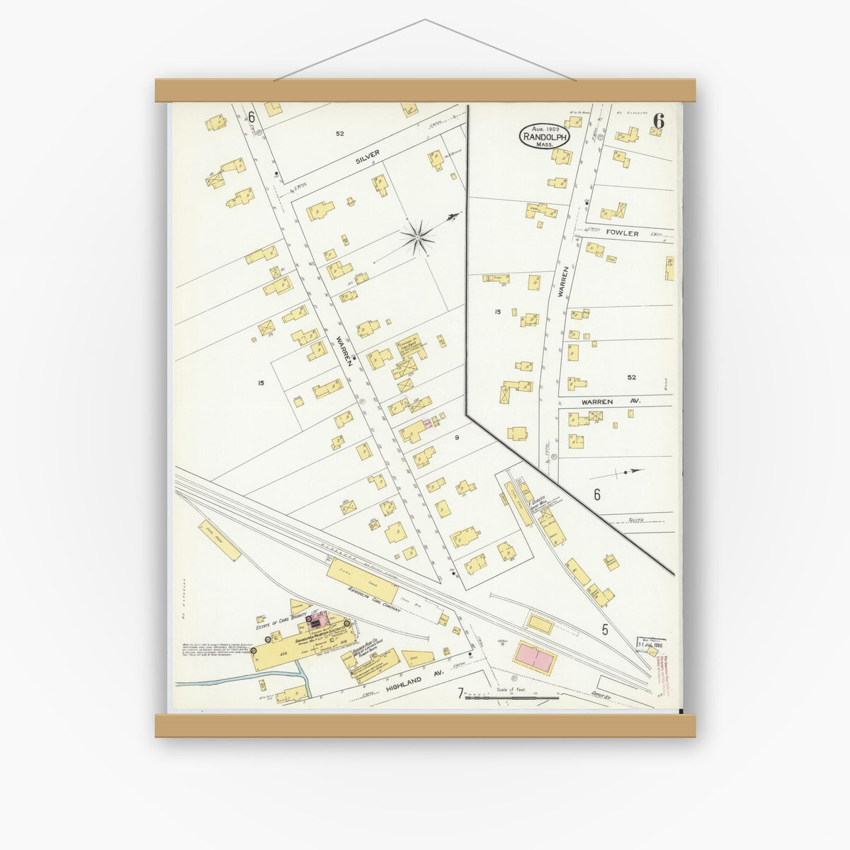 Old map wall art mockup — magnetic wood frame on white wall — Sanborn Fire Insurance Map from Randolph, Norfolk County, Massachusetts (1909), Sheet #0006