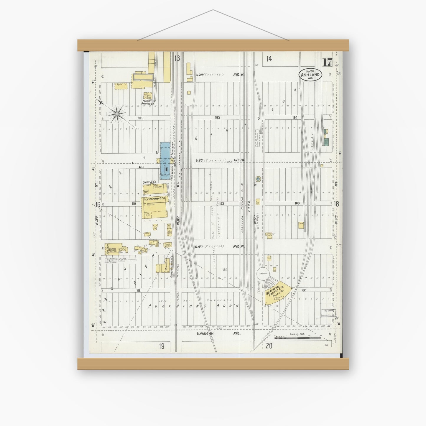 Old map wall art mockup — magnetic wood frame on white wall — Sanborn Fire Insurance Map from Ashland, Ashland County, Wisconsin (1901), Sheet #0017