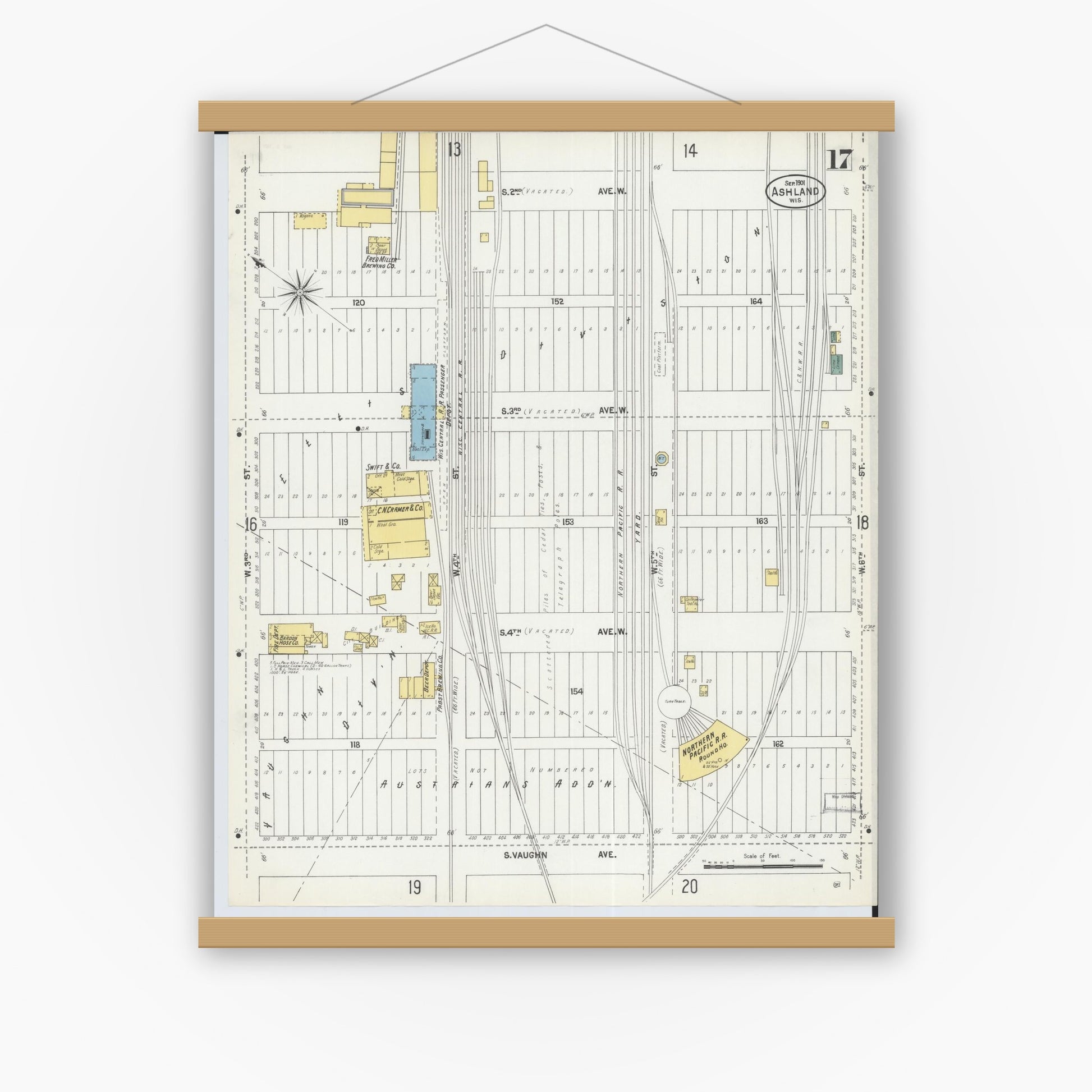 Old map wall art mockup — magnetic wood frame on white wall — Sanborn Fire Insurance Map from Ashland, Ashland County, Wisconsin (1901), Sheet #0017
