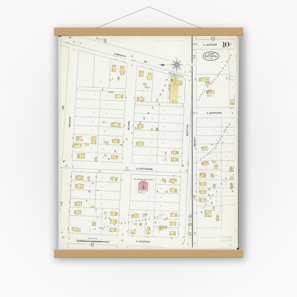 Old map wall art mockup — magnetic wood frame on white wall — Sanborn Fire Insurance Map from Batavia, Kane County, Illinois (1907), Sheet #0010