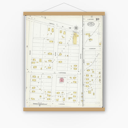 Old map wall art mockup — magnetic wood frame on white wall — Sanborn Fire Insurance Map from Batavia, Kane County, Illinois (1907), Sheet #0010