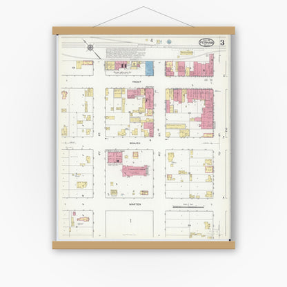 Old map wall art mockup — magnetic wood frame on white wall — Sanborn Fire Insurance Map from Perham, Otter Tail County, Minnesota (1916), Sheet #0003