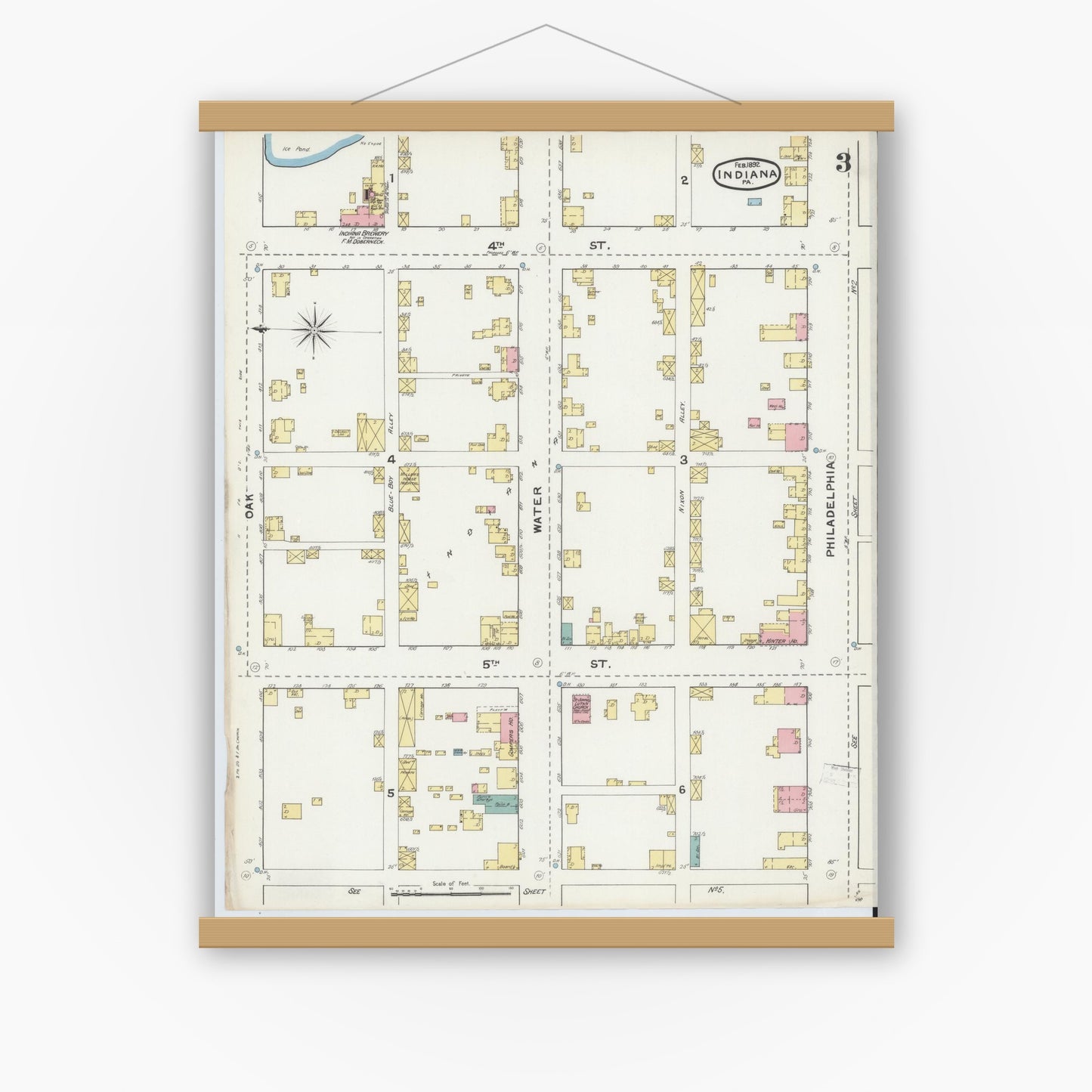 Old map wall art mockup — magnetic wood frame on white wall — Sanborn Fire Insurance Map from Indiana, Indiana County, Pennsylvania (1892), Sheet #0003