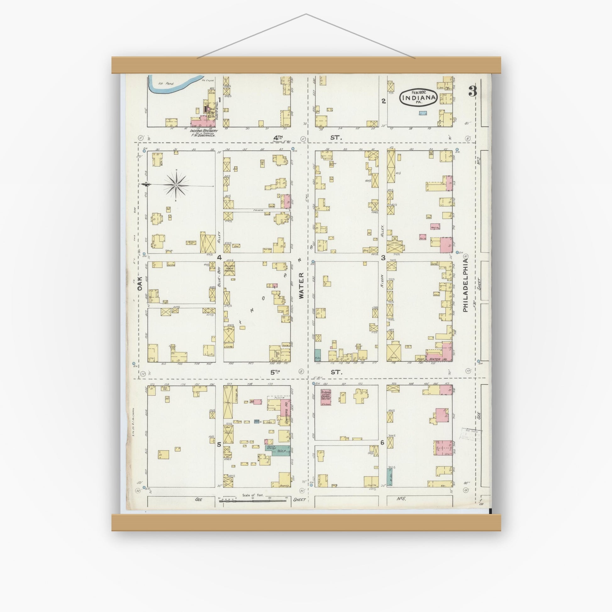 Old map wall art mockup — magnetic wood frame on white wall — Sanborn Fire Insurance Map from Indiana, Indiana County, Pennsylvania (1892), Sheet #0003