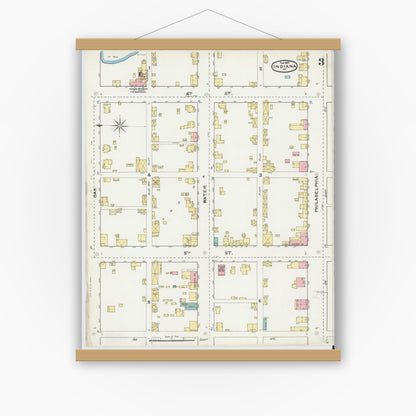 Old map wall art mockup — magnetic wood frame on white wall — Sanborn Fire Insurance Map from Indiana, Indiana County, Pennsylvania (1892), Sheet #0003