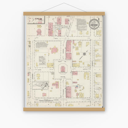 Old map wall art mockup — magnetic wood frame on white wall — Sanborn Fire Insurance Map from Carthage, Moore County, North Carolina (1915) - Complete Map Set