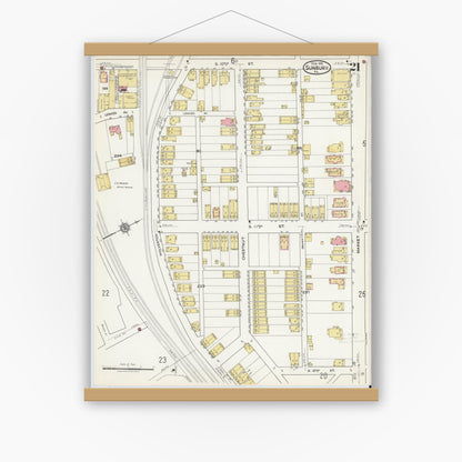 Old map wall art mockup — magnetic wood frame on white wall — Sanborn Fire Insurance Map from Sunbury, Northumberland County, Pennsylvania (1918), Sheet #0021
