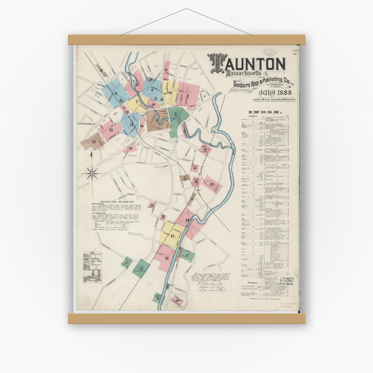Old map wall art mockup — magnetic wood frame on white wall — Sanborn Fire Insurance Map from Taunton, Bristol County, Massachusetts (1888), Sheet #0001
